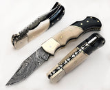 Handmade Damascus Folding Pocket Knife Camel Bone Buffalo Horn Handle