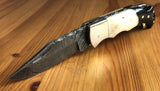Handmade Damascus Folding Pocket Knife Camel Bone Buffalo Horn Handle