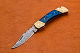 7'' Damascus Steel Pocket Knife Blue Wood