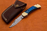 7'' Damascus Steel Pocket Knife Blue Wood