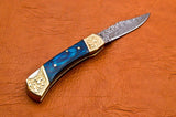 7'' Damascus Steel Pocket Knife Blue Wood