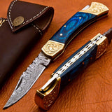 7'' Damascus Steel Pocket Knife Blue Wood