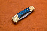 7'' Damascus Steel Pocket Knife Blue Wood