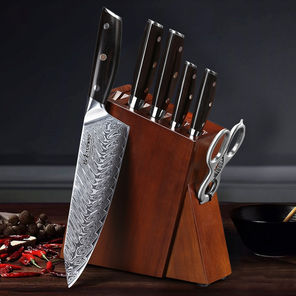 6Pcs Kitchen Knives Set Japanese Damascus Style Stainless Steel Chef Knife+Block