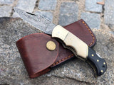 Handmade Damascus Folding Pocket Knife Camel Bone and Buffalo Horn Handle