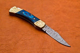 7'' Damascus Steel Pocket Knife Blue Wood