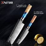 XITUO Kitchen Knives-Set Damascus Steel VG10 Chef Knife Cleaver Paring Bread Knife Blue Resin and Color Wood Handle Cooking Tool