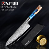 XITUO Kitchen Knives-Set Damascus Steel VG10 Chef Knife Cleaver Paring Bread Knife Blue Resin and Color Wood Handle Cooking Tool