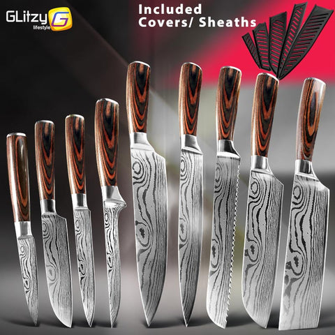 9Pcs Japanese  Stainless Steel Damascus Chef Knifes Set